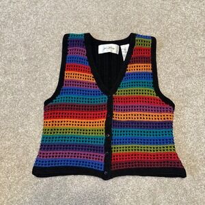 Jessica Tierney Rainbow Crochet Sweater Vest Womens Large Black Striped V-Neck